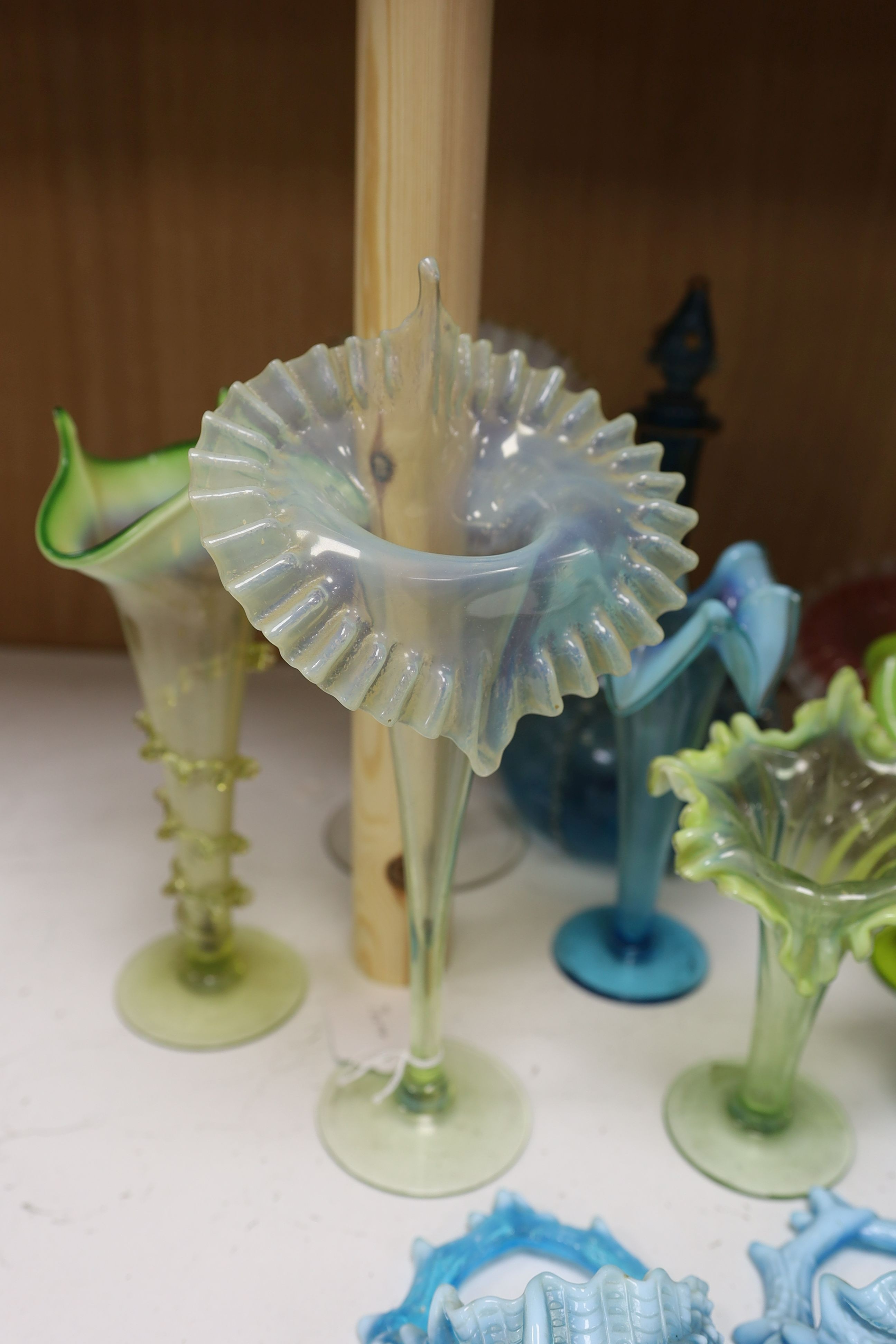 A selection of various art glass including a pair of cranberry pulpit vases, late 19th/early 20th century